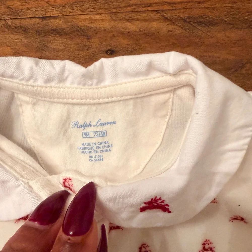 Ralph Lauren Baby 9M Reindeer Velour Footed Sleeper‎ Cream Red Peter Pan Collar